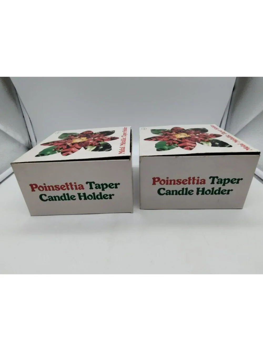 2 Vintage Christmas Taper Candle Holders Shiny metal Poinsettia Flower, Orig Box